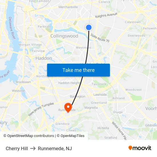 Cherry Hill to Runnemede, NJ map