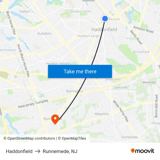 Haddonfield to Runnemede, NJ map