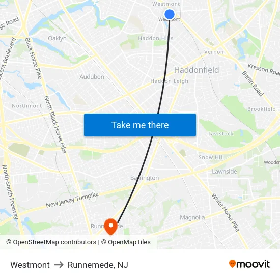 Westmont to Runnemede, NJ map