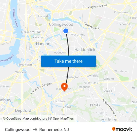Collingswood to Runnemede, NJ map