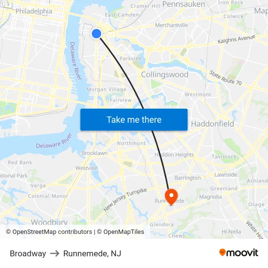 Broadway to Runnemede, NJ map