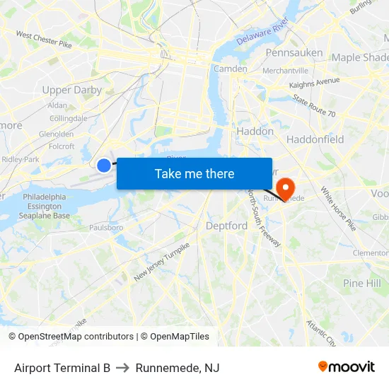 Airport Terminal B to Runnemede, NJ map