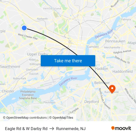 Eagle Rd & W Darby Rd to Runnemede, NJ map