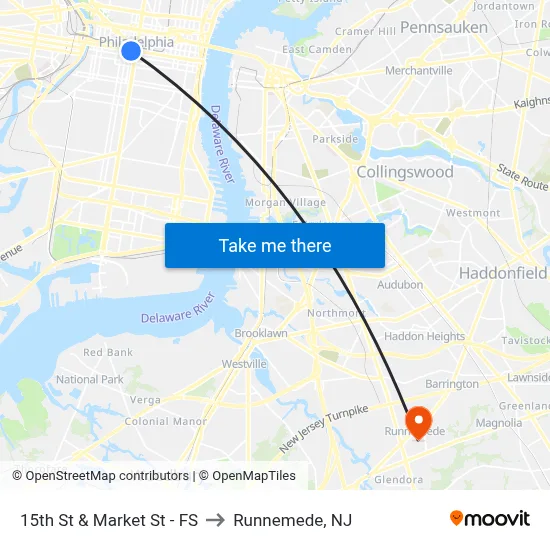 15th St & Market St - FS to Runnemede, NJ map