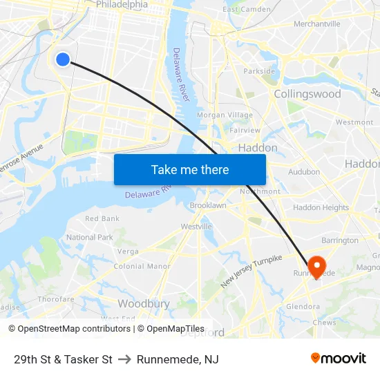 29th St & Tasker St to Runnemede, NJ map