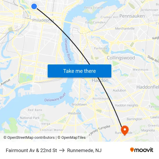 Fairmount Av & 22nd St to Runnemede, NJ map