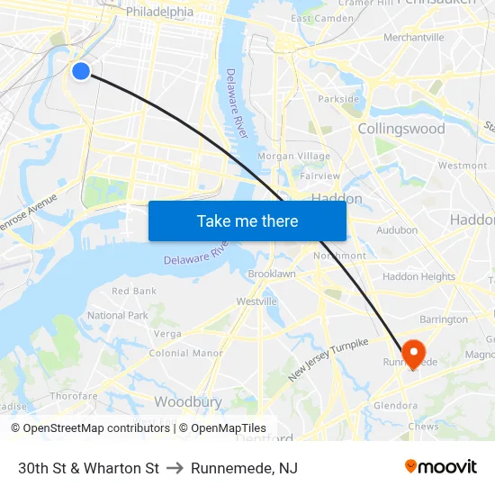 30th St & Wharton St to Runnemede, NJ map
