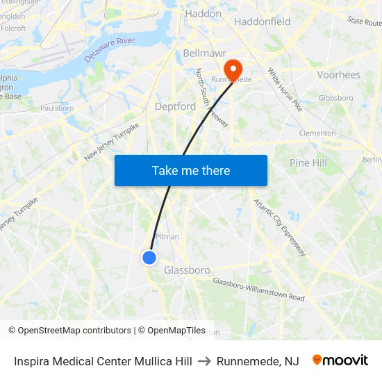 Inspira Medical Center Mullica Hill to Runnemede, NJ map