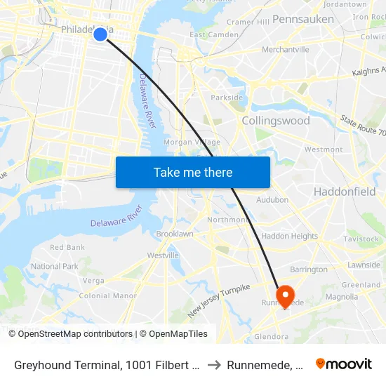 Greyhound Terminal, 1001 Filbert St to Runnemede, NJ map