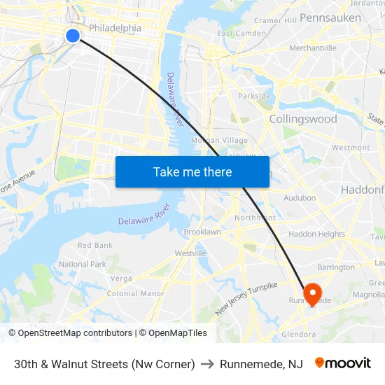 30th & Walnut Streets (Nw Corner) to Runnemede, NJ map