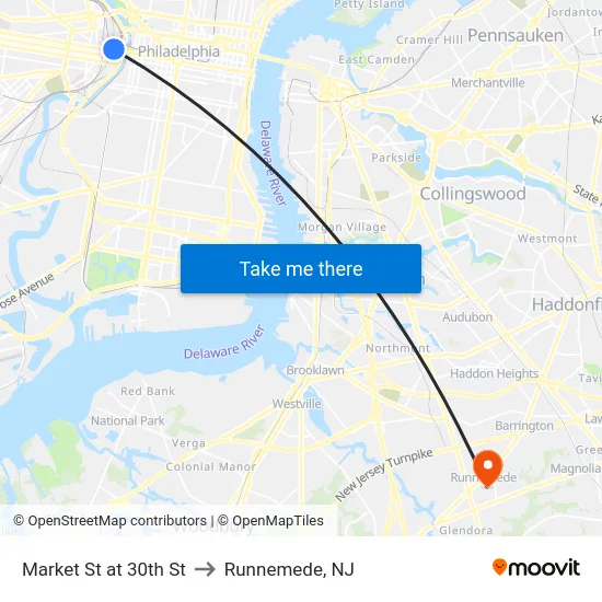 Market St at 30th St to Runnemede, NJ map