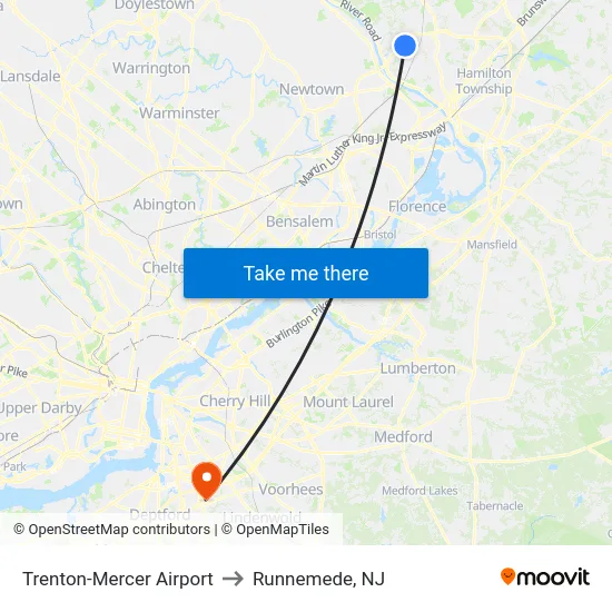 Trenton-Mercer Airport to Runnemede, NJ map