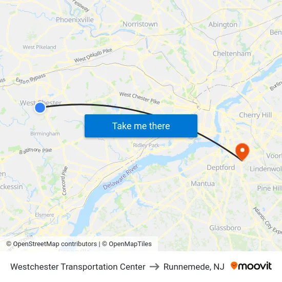 Westchester Transportation Center to Runnemede, NJ map