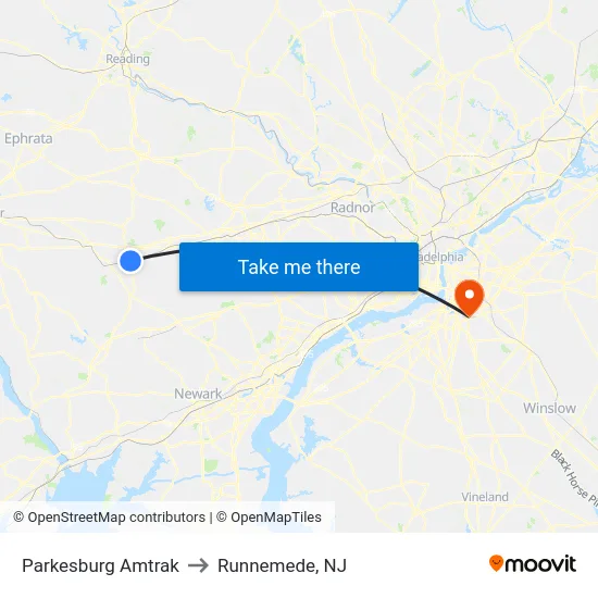 Parkesburg Amtrak to Runnemede, NJ map