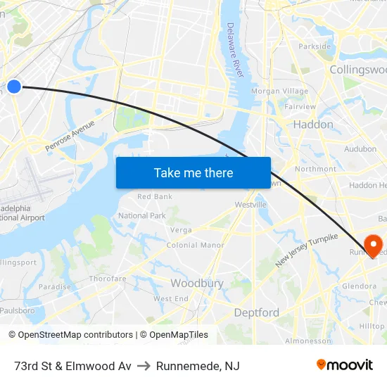 73rd St & Elmwood Av to Runnemede, NJ map