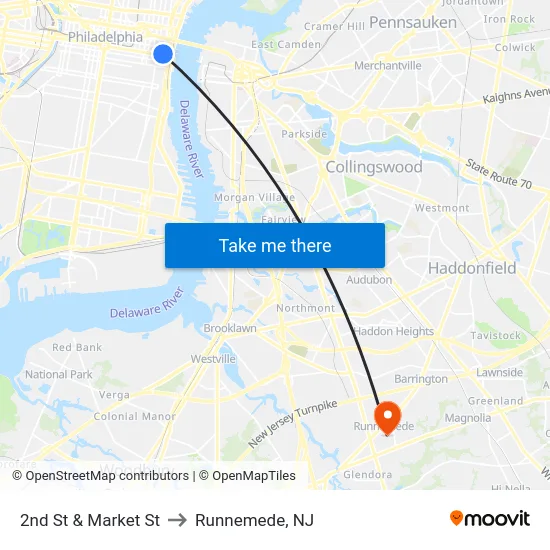 2nd St & Market St to Runnemede, NJ map