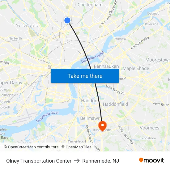 Olney Transportation Center to Runnemede, NJ map