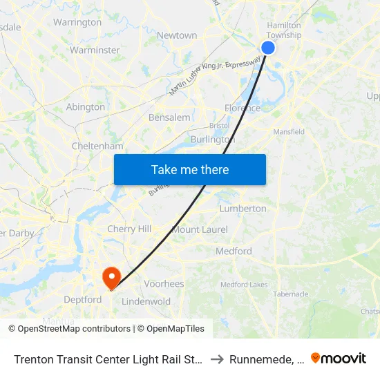 Trenton Transit Center Light Rail Station to Runnemede, NJ map