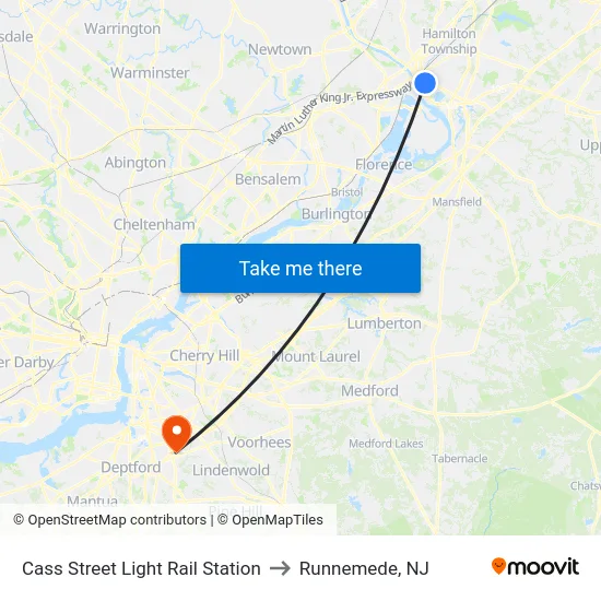 Cass Street Light Rail Station to Runnemede, NJ map