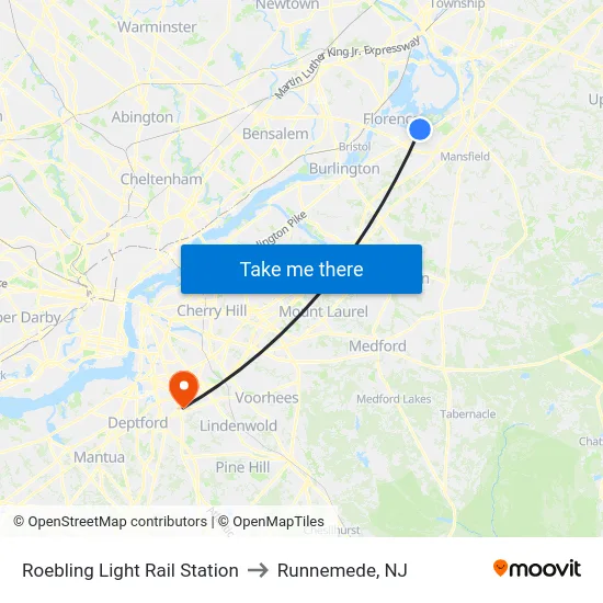 Roebling Light Rail Station to Runnemede, NJ map