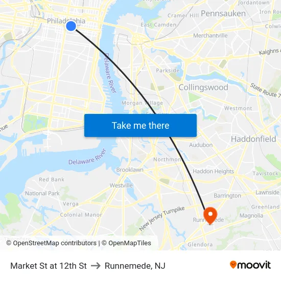 Market St at 12th St to Runnemede, NJ map