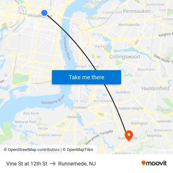 Vine St at 12th St to Runnemede, NJ map