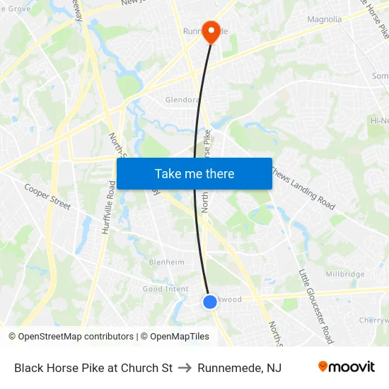 Black Horse Pike at Church St to Runnemede, NJ map
