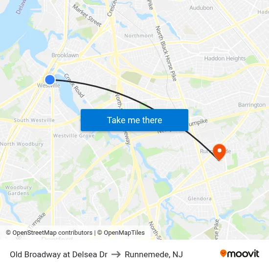 Old Broadway at Delsea Dr to Runnemede, NJ map