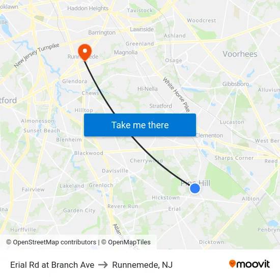 Erial Rd at Branch Ave to Runnemede, NJ map
