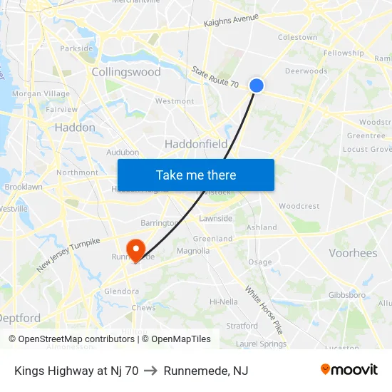 Kings Highway at Nj 70 to Runnemede, NJ map