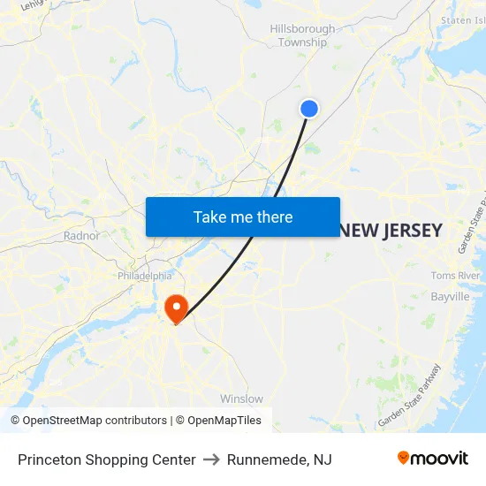 Princeton Shopping Center to Runnemede, NJ map