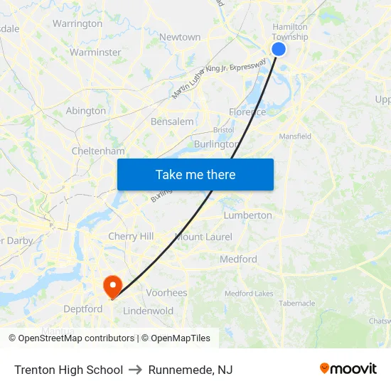 Trenton High School to Runnemede, NJ map