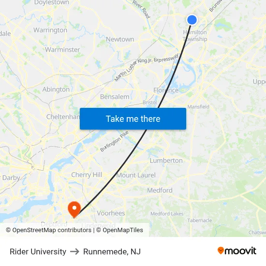 Rider University to Runnemede, NJ map
