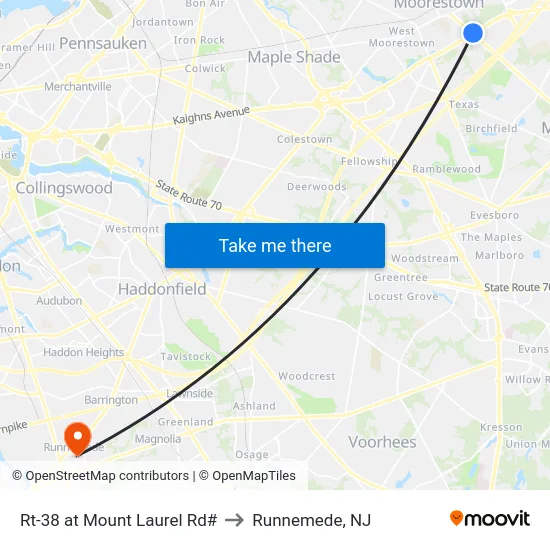 Rt-38 at Mount Laurel Rd# to Runnemede, NJ map