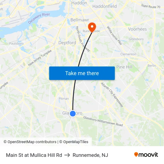 Main St at Mullica Hill Rd to Runnemede, NJ map