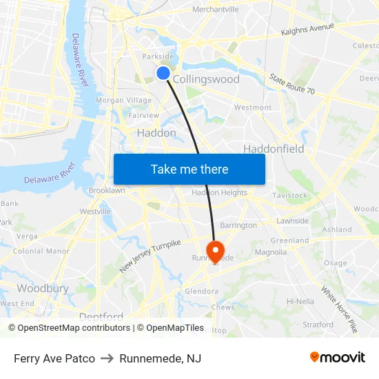 Ferry Ave Patco to Runnemede, NJ map
