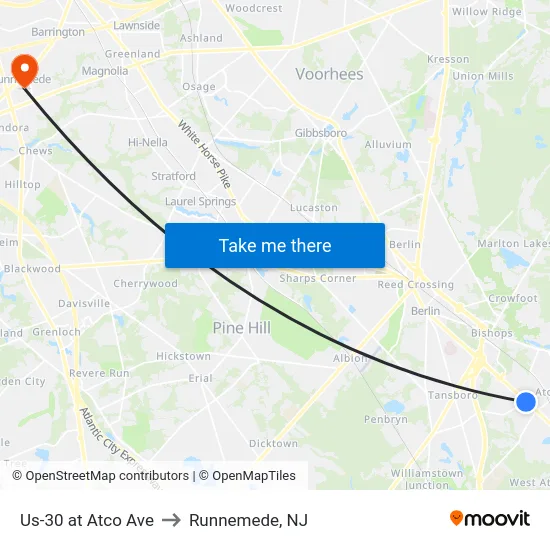 Us-30 at Atco Ave to Runnemede, NJ map