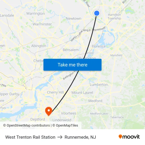 West Trenton Rail Station to Runnemede, NJ map