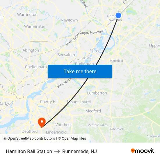 Hamilton Rail Station to Runnemede, NJ map