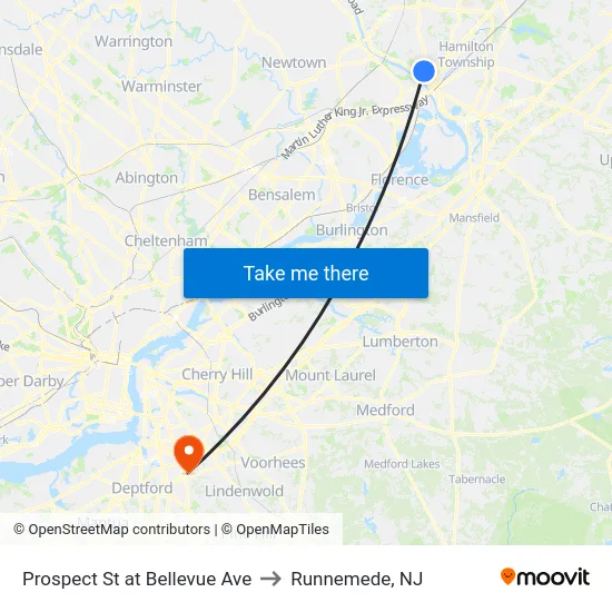Prospect St at Bellevue Ave to Runnemede, NJ map