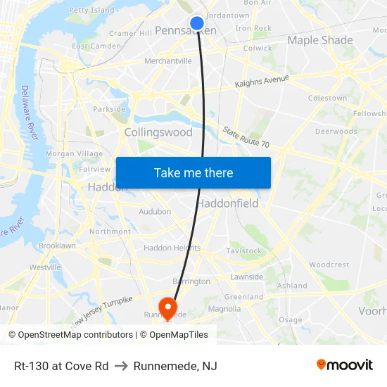 Rt-130 at Cove Rd to Runnemede, NJ map