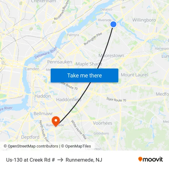 Us-130 at Creek Rd # to Runnemede, NJ map