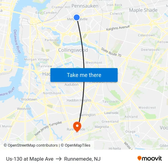 Us-130 at Maple Ave to Runnemede, NJ map