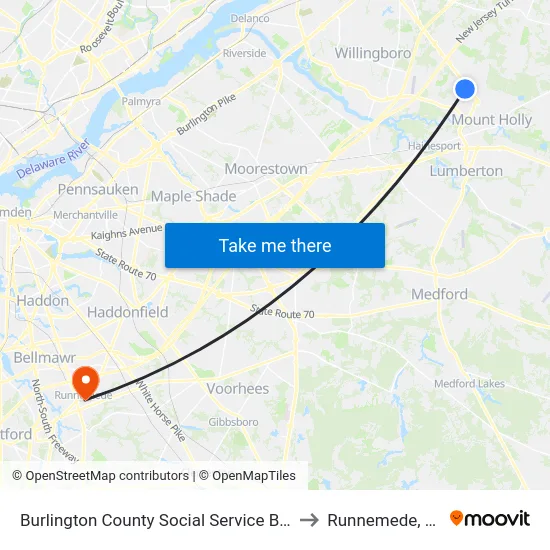 Burlington County Social Service Bldg to Runnemede, NJ map
