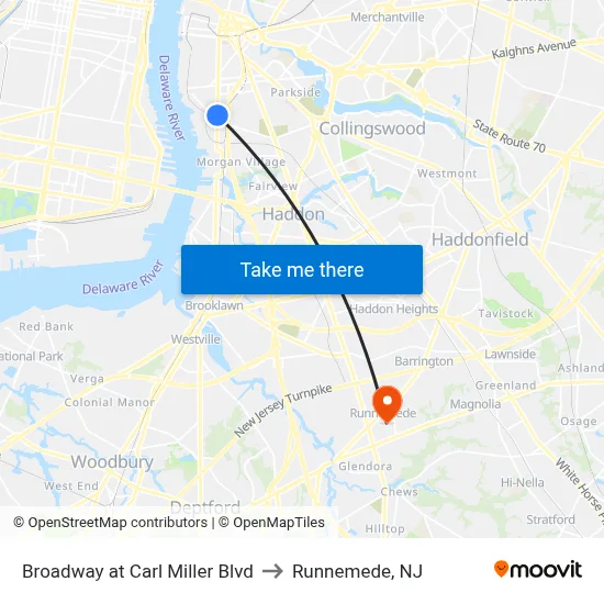 Broadway at Carl Miller Blvd to Runnemede, NJ map