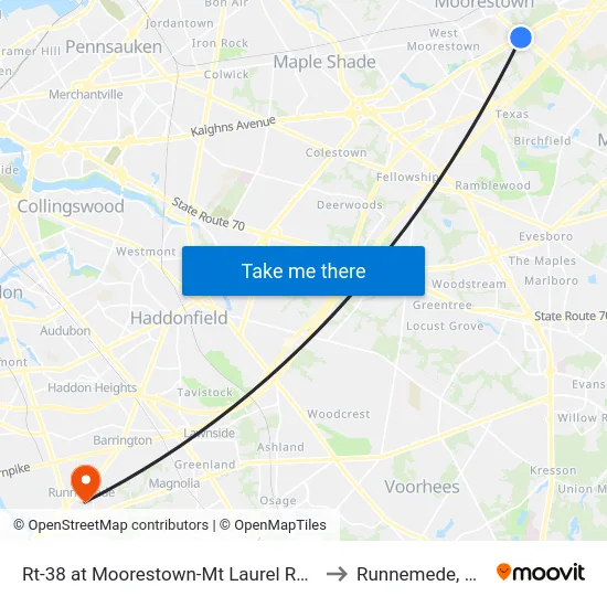 Rt-38 at Moorestown-Mt Laurel Rd# to Runnemede, NJ map