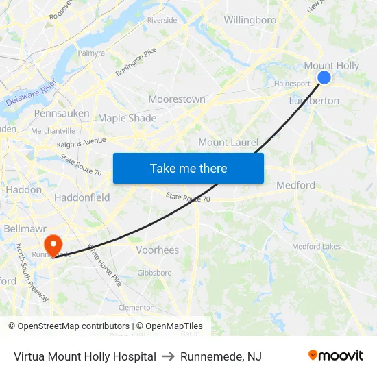 Virtua Mount Holly Hospital to Runnemede, NJ map