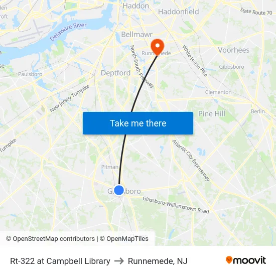 Rt-322 at Campbell Library to Runnemede, NJ map