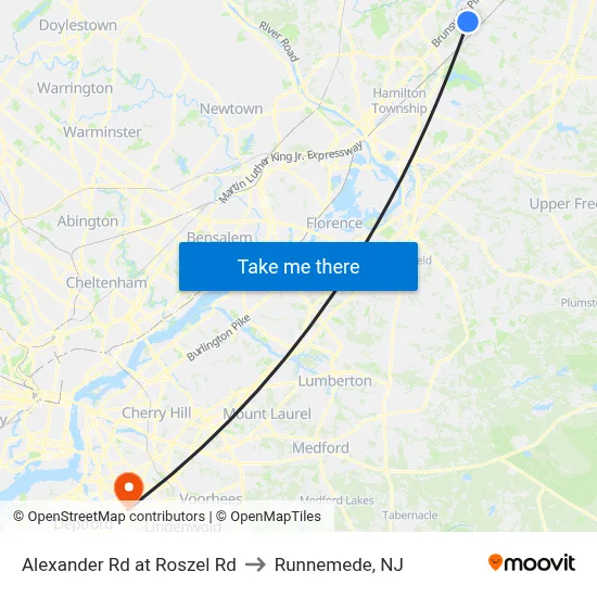 Alexander Rd at Roszel Rd to Runnemede, NJ map