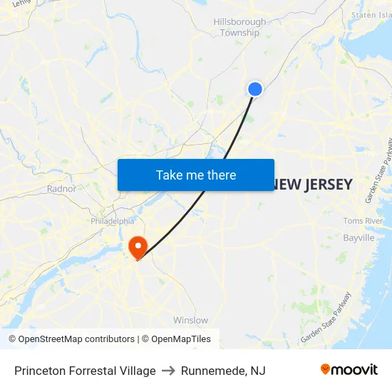 Princeton Forrestal Village to Runnemede, NJ map